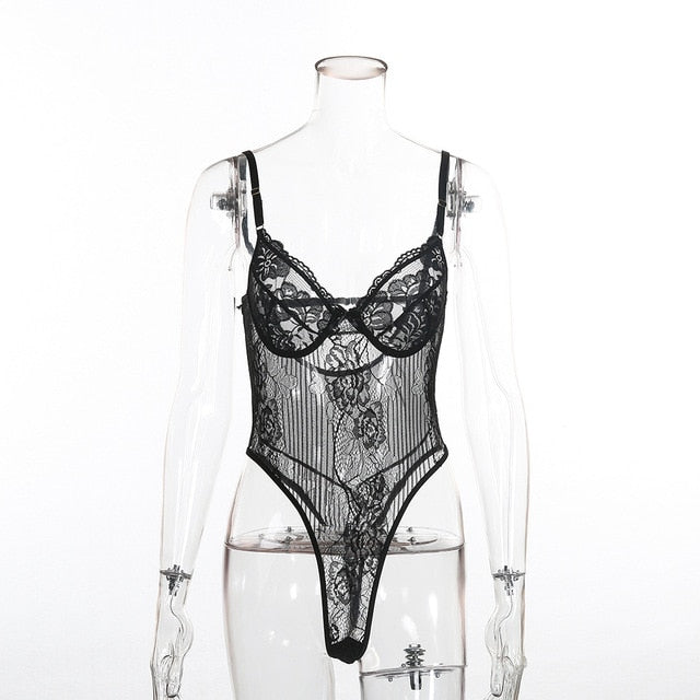 Cryptographic hot sale sheer lace bodysuit women backless transparent mesh bow sexy jumpsuit 2020 catsuit straps bodysuits thong