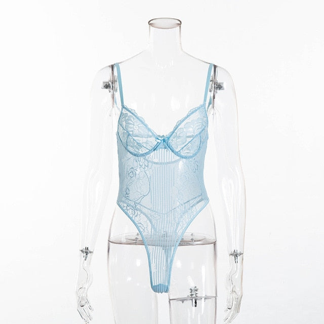 Cryptographic hot sale sheer lace bodysuit women backless transparent mesh bow sexy jumpsuit 2020 catsuit straps bodysuits thong