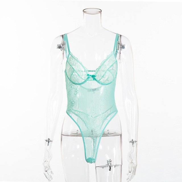 Cryptographic hot sale sheer lace bodysuit women backless transparent mesh bow sexy jumpsuit 2020 catsuit straps bodysuits thong