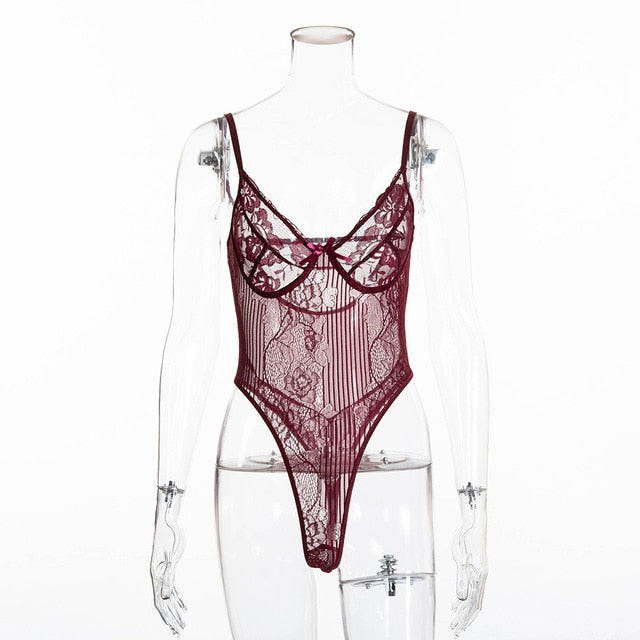 Cryptographic hot sale sheer lace bodysuit women backless transparent mesh bow sexy jumpsuit 2020 catsuit straps bodysuits thong